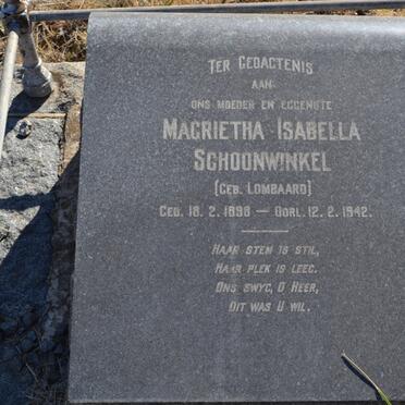 SCHOONWINKEL Magrietha Isabella nee LOMBAARD 1898-1942