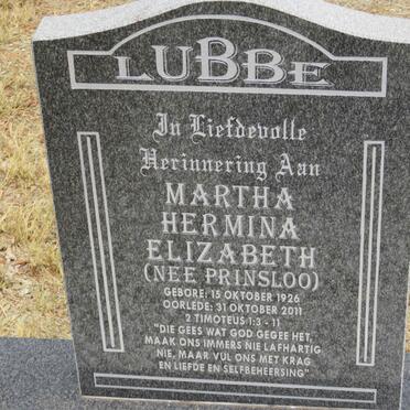 LUBBE Willem Frederik 1920-2012 &amp; Martha Hermina Elizabeth PRINSLOO 1926-2011