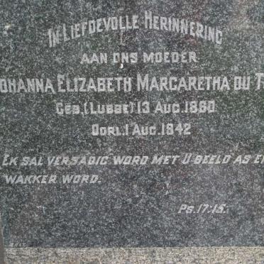 TOIT Johanna Elizabeth Margaretha, du nee LUBBE 1860-1942
