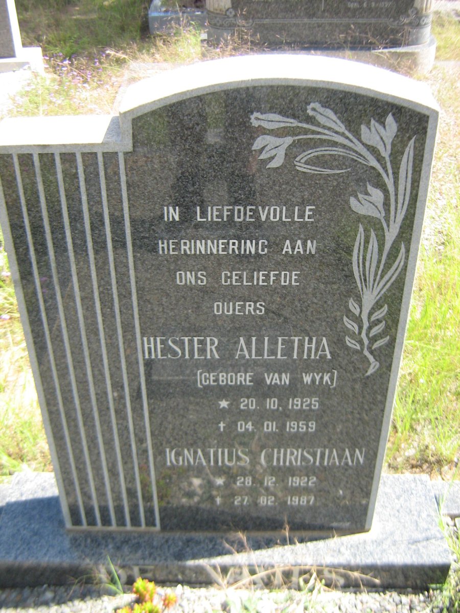 VRIES Ignatius Christiaan, de 1922-1987 & Hester Alettha VAN WYK 1925-1959