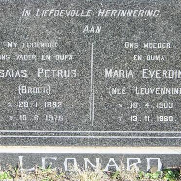 LEONARD Esaias Petrus 1892-1978 &amp; Maria Everdina LEUVENNINK 1903-1980
