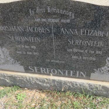 SERFONTEIN Christiaan Jacobus 1881-1947 &amp; Anna Elizabeth BOTHA 1885-1945
