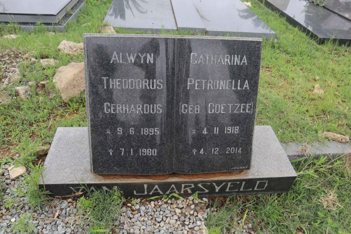 JAARSVELD Alwyn Theodorus Gerhardus, van 1895-1980 & Catharina Petronella COETZEE 1918-2014
