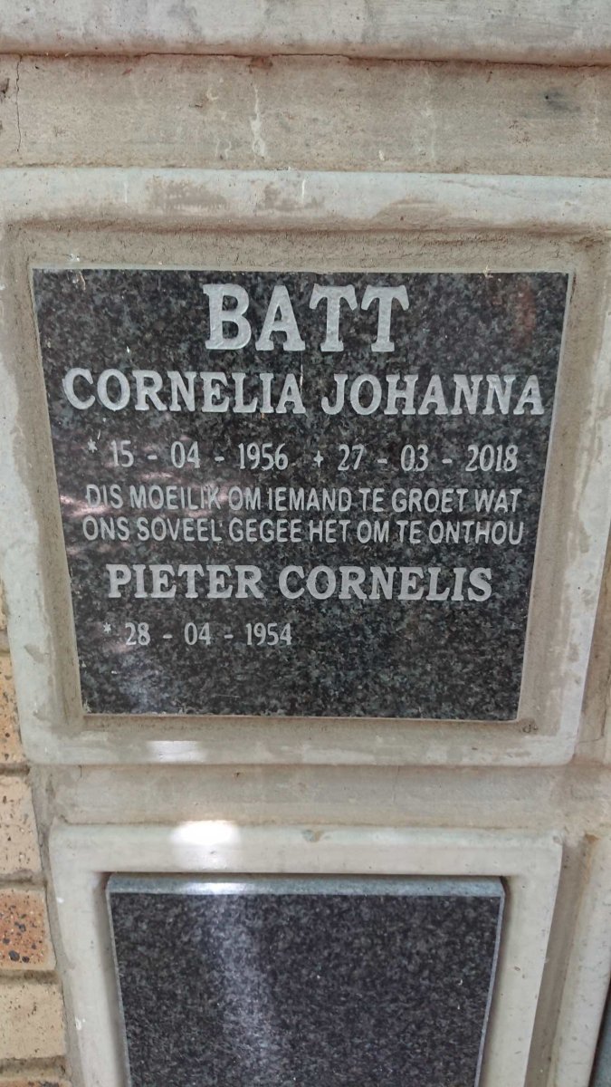BATT Pieter Cornelis 1954- &amp; Cornelia Johanna 1956-2018