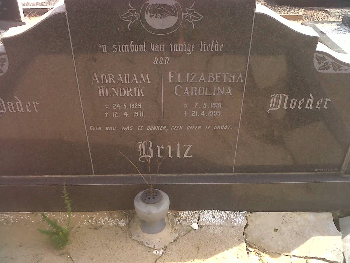BRITZ Abraham Hendrik 1929-1971 &amp; Elizabetha Carolina 1931-1999