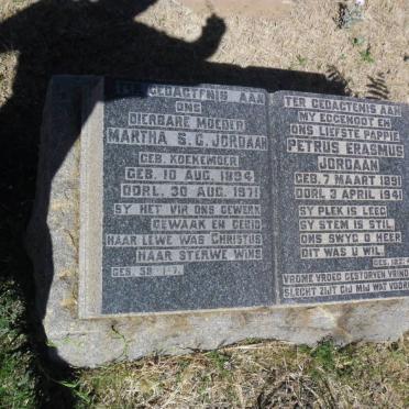 JORDAAN Petrus Erasmus 1891-1941 &amp; Martha S.C. KOEKEMOER 1894-1971