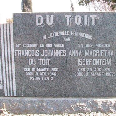 TOIT Francois Johannes, du 1866-1946 &amp; Anna Magrietha W. SERFONTEIN 1871-1967 