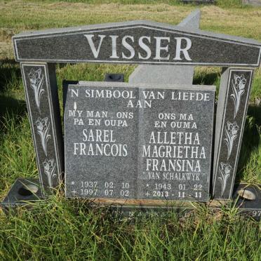 VISSER Sarel Francois 1937-1997 &amp; Alletha Magrietha Fransina VAN SCHALKWYK 1943-2013