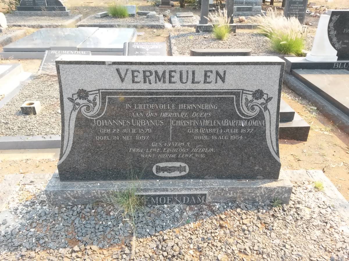 VERMEULEN Johannes Urbanus 1879-1957 & Christina Helena Bartholomina RABIE 1877-1954