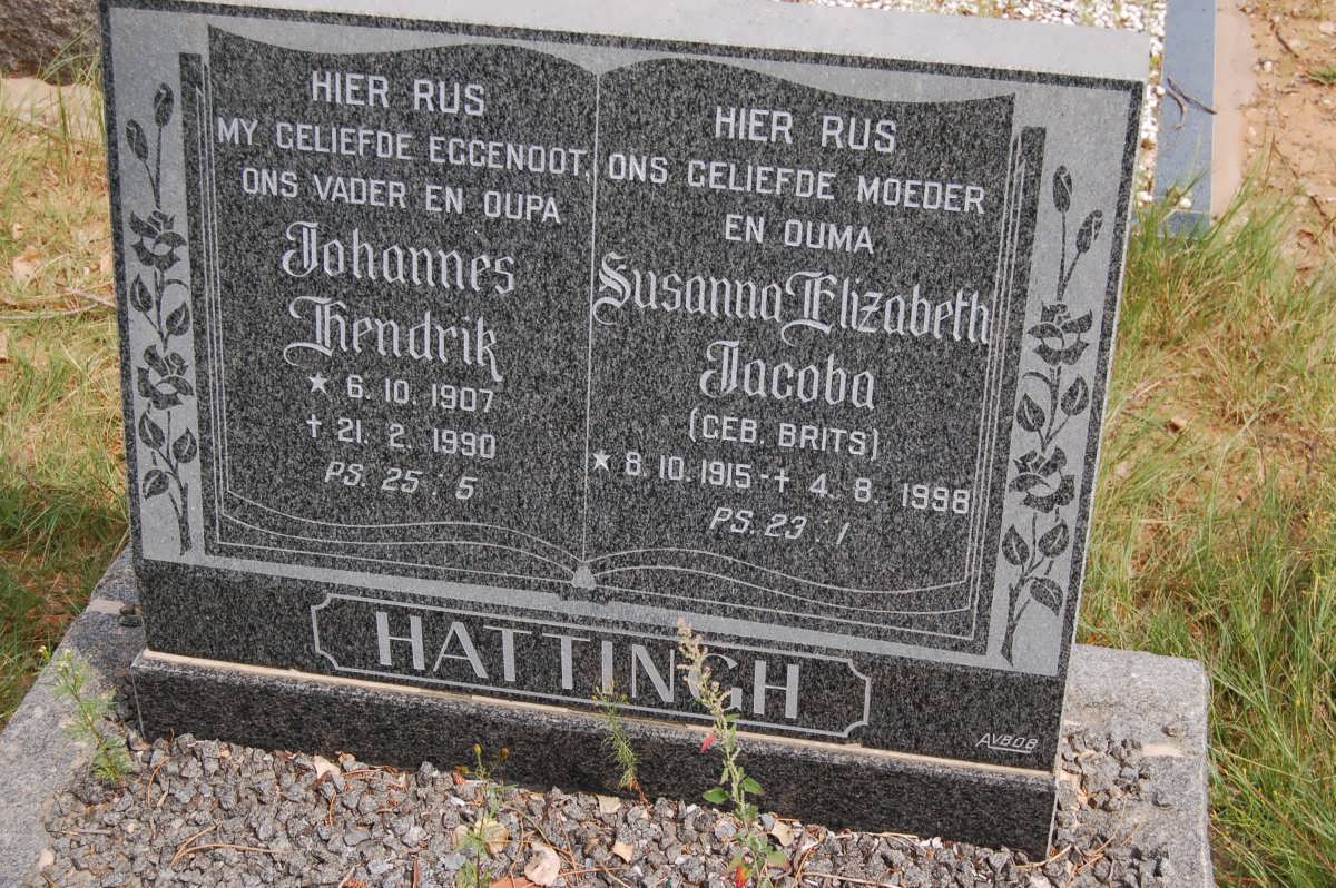 HATTINGH Johannes Hendrik 1907-1990 & Susanna Elizabeth Jacoba BRITS 1915-1998