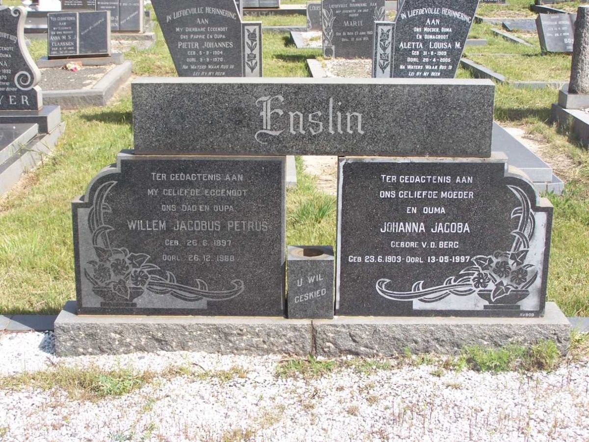 ENSLIN Willem Jacobus Petrus 1897-1968 & Johanna Jacoba V.D. BERG 1903-1997