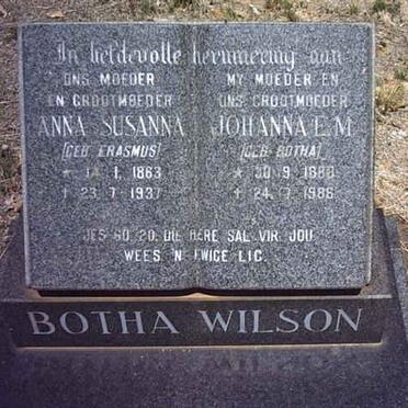 BOTHA Anna Susanna nee ERASMUS 1863-1937 :: WILSON Johanna E.M. nee BOTHA 1888-1986