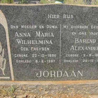 JORDAAN Barend Alexander 1889-1961 &amp; Anna Maria Wilhelmina FREYSEN 1896-1967