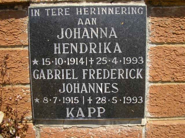 KAPP Gabriel Frederick Johannes 1915-1993 & Johanna Hendrika 1914-1993