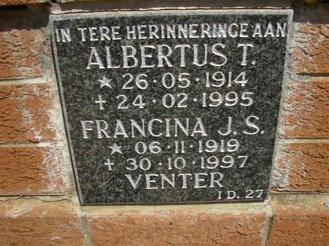 VENTER Albertus T. 1914-1995 & Francina J.S. 1919-1997