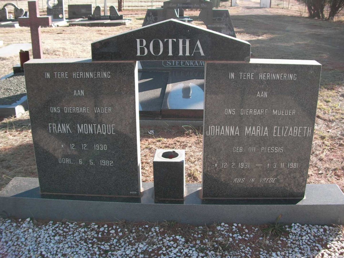 BOTHA Frank Montaque 1930-1982 & Johanna Maria Elizabeth DU PLESSIS 1931-1981