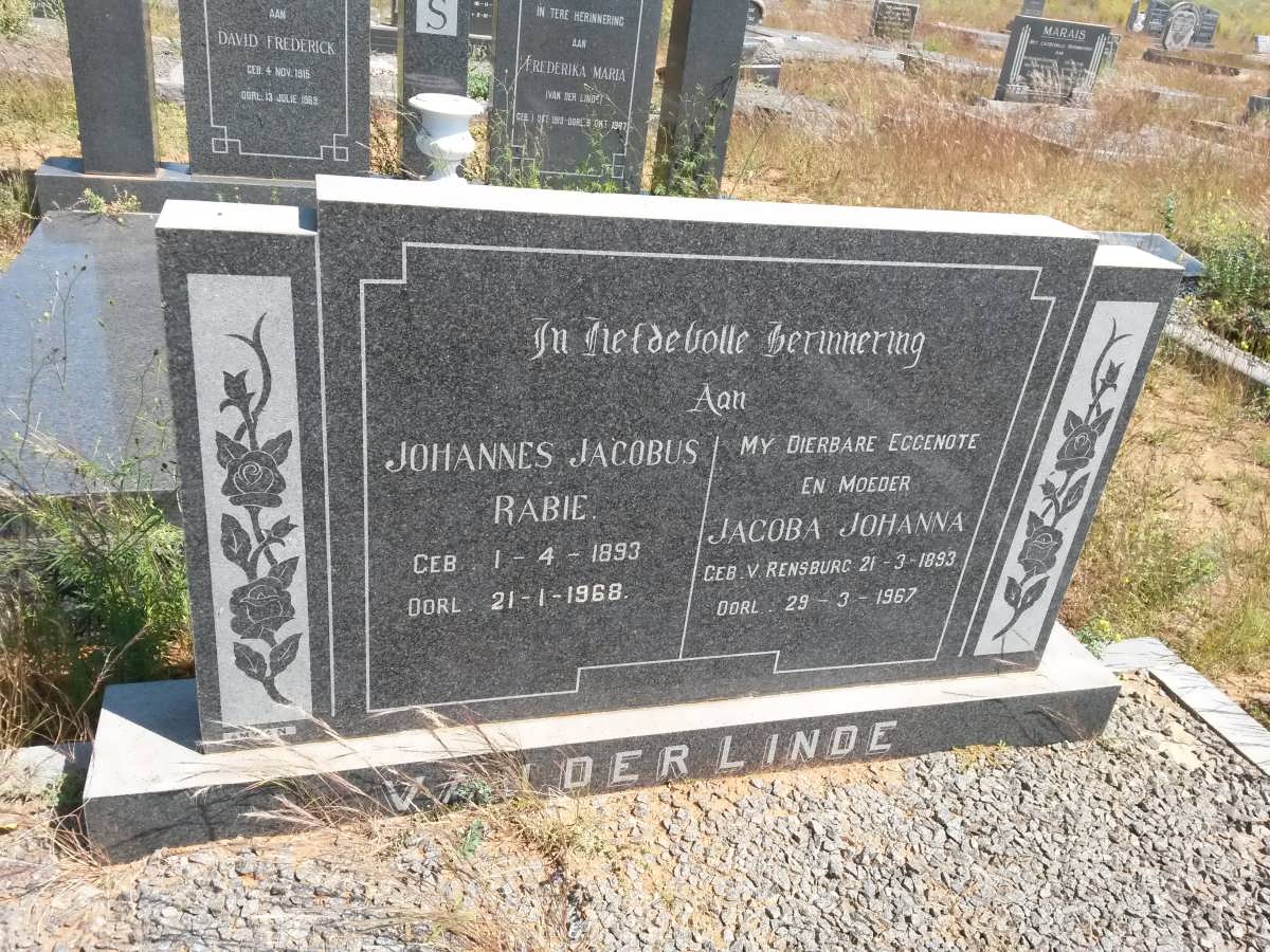 LINDE Johannes Jacobus Rabie, van der 1893-1968 & Jacoba Johanna V. RENSBURG 1893-1967