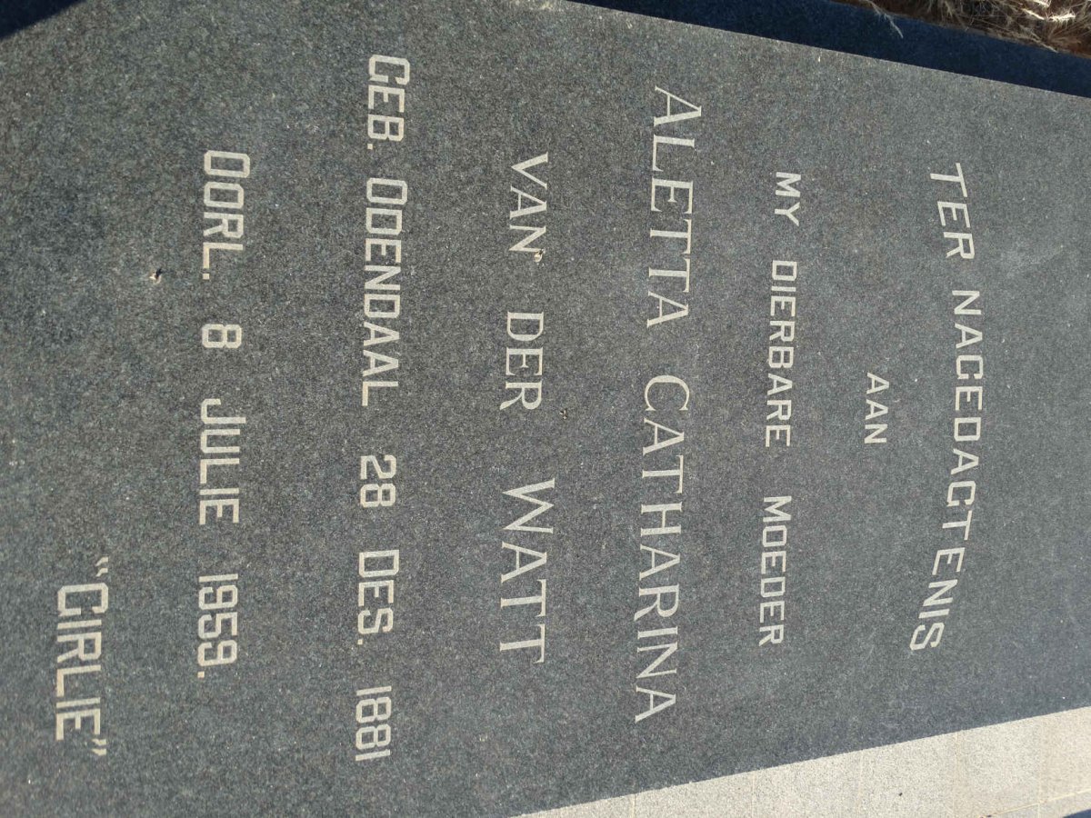 WATT Aletta Catharina, van der nee ODENDAAL 1881-1959