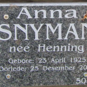 SNYMAN Anna nee HENNING 1925-2015