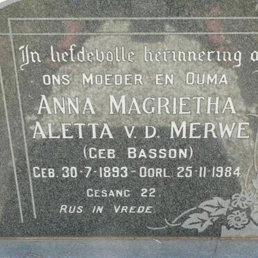 MERWE Anna Magrietha Aletta, van der nee BASSON 1893-1984