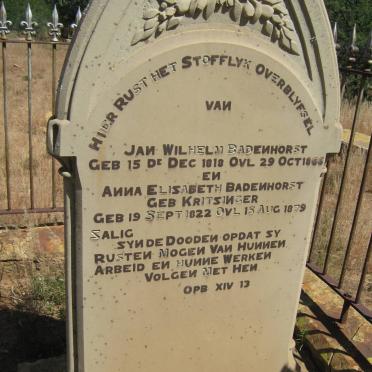 BADENHORST Jan Wilhelm 1818-1866 &amp; Anna Elizabeth KRITZINGER 1822-1879