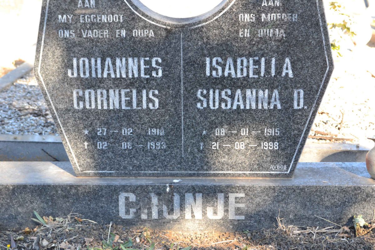 CRONJE Johannes Cornelis 191?-1993 & Isabella Susanna D. 1915-1998