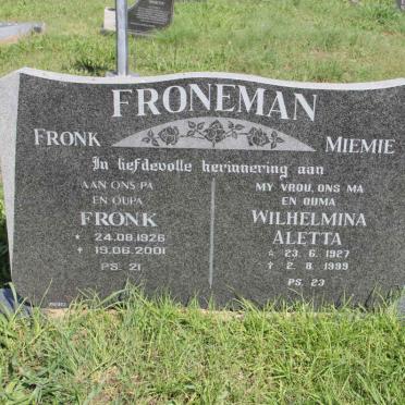 FRONEMAN Fronk 1926-2001 &amp; Wilhelmina Aletta 1927-1999