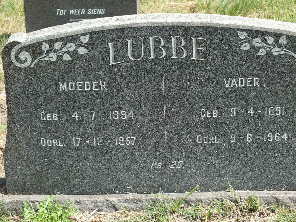 LUBBE Vader 1891-1964 & Moeder 1894-1957