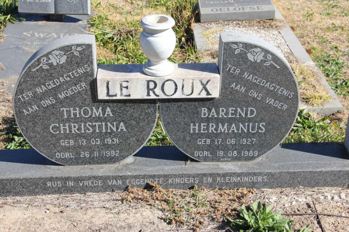ROUX Barend Hermanus, le 1927-1989 & Thoma Christina 1931-1992