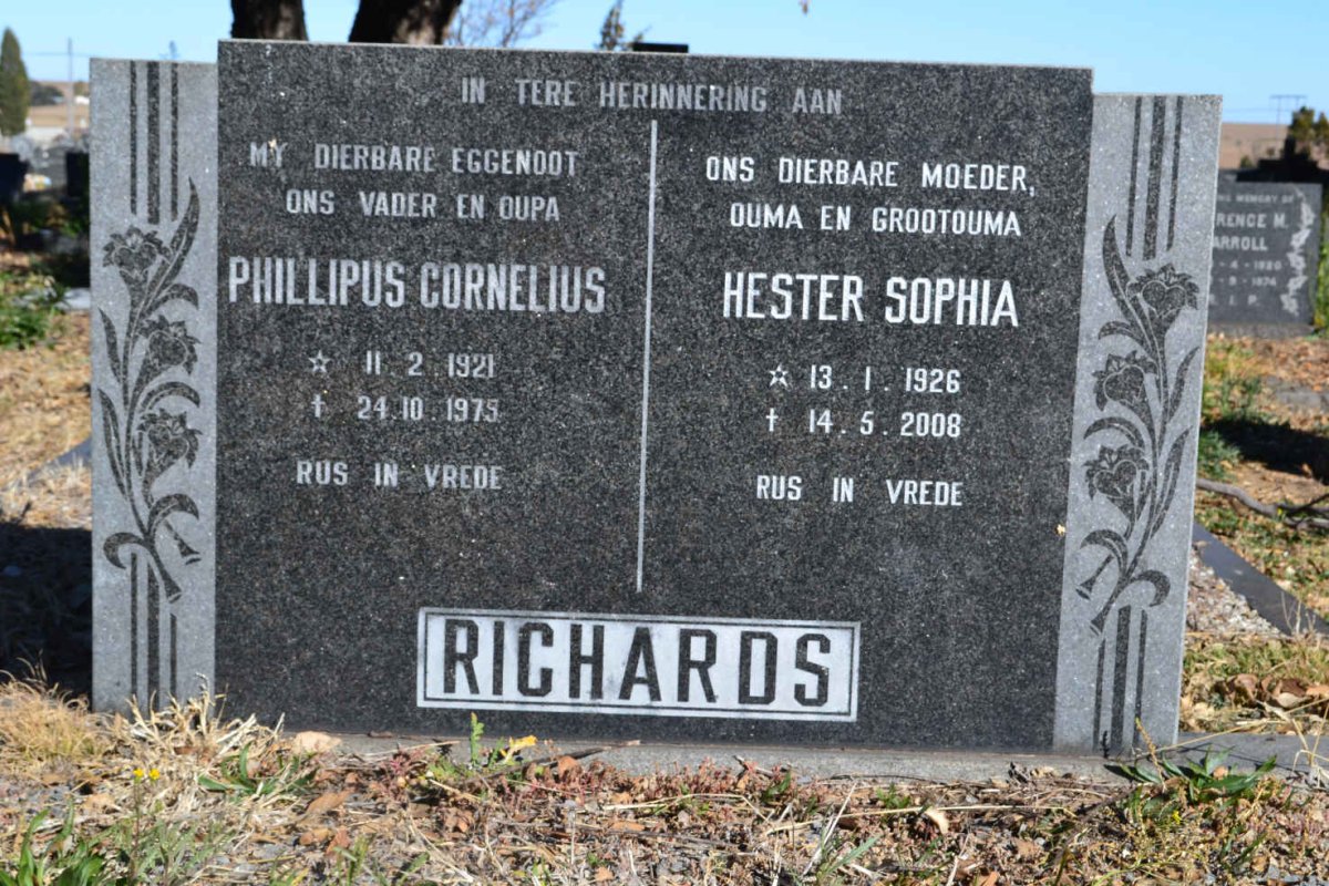 RICHARDS Phillipus Cornelius 1921-1975 & Hester Sophia 1926-2008
