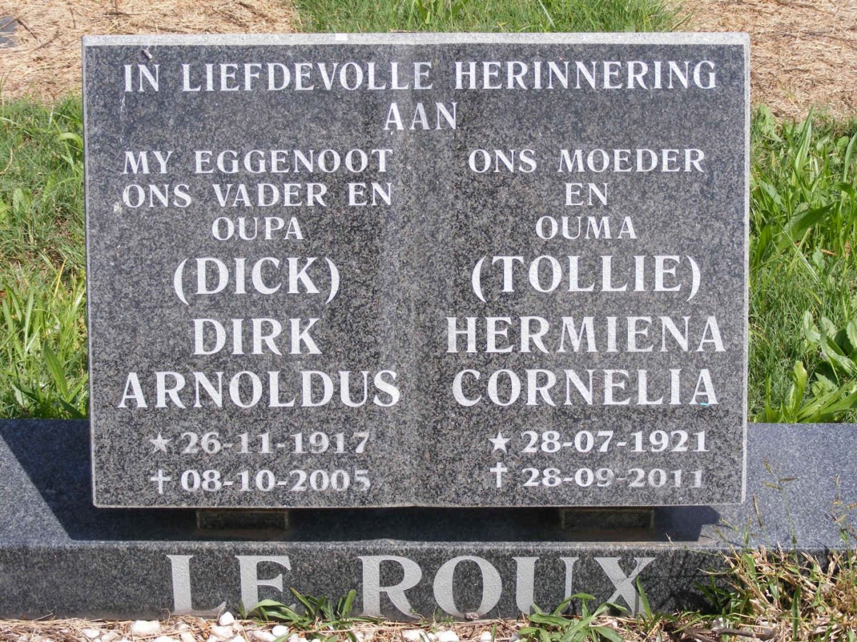 ROUX Dirk Arnoldus, le 1917-2005 & Hermiena Cornelia 1921-2011