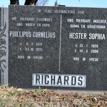 RICHARDS Phillipus Cornelius 1921-1975 &amp; Hester Sophia 1926-2008