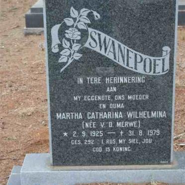 SWANEPOEL Martha Catharina Wilhelmina nee V.D. MERWE 1925-1979