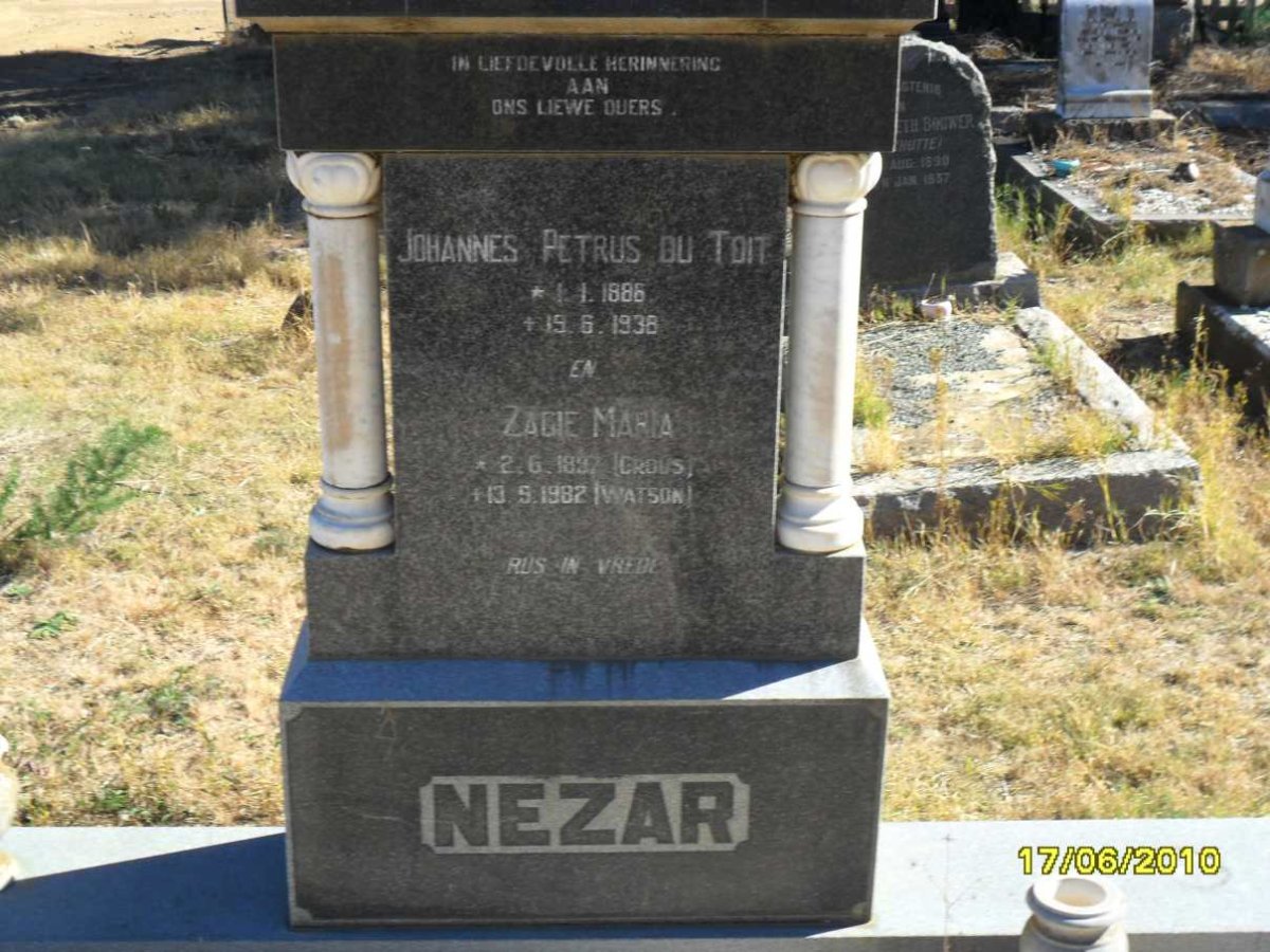 NEZAR Johanns Petrus Du Toit 1886-1938 & Zagie Maria CROUS 1897-1982