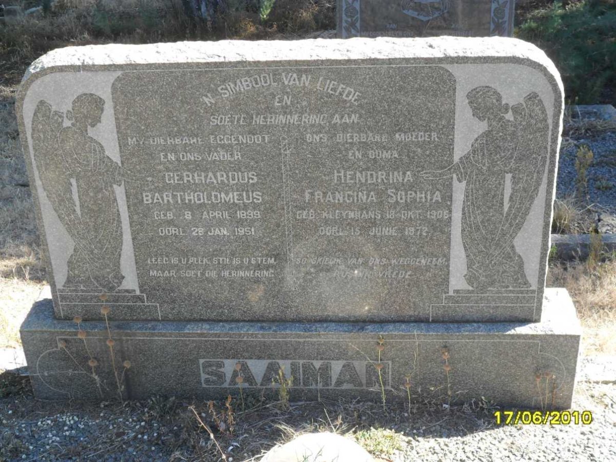 SAAIMAN Gerhardus Bartholomeus 1899-1951 & Hendrina Francina Sophia KLEYNHANS 1906-1872