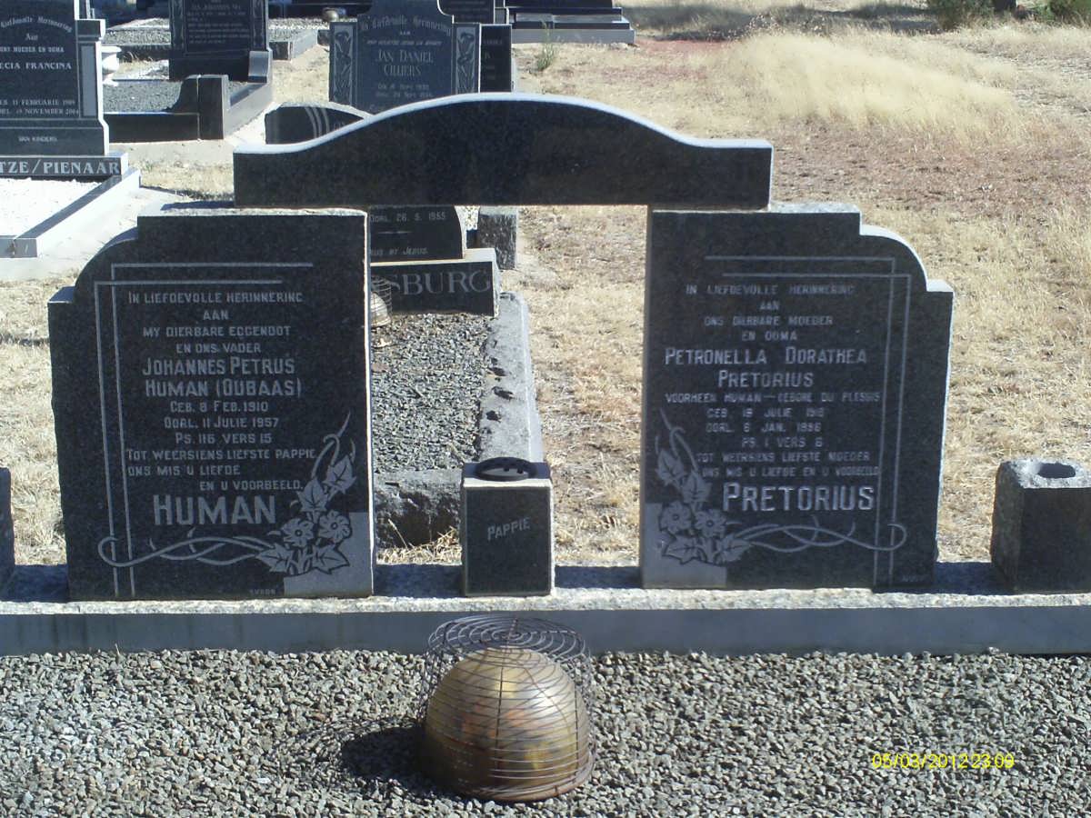 HUMAN Johannes Petrus 1910-1957 & Petronella Dorathea PRETORIUS formerly HUMAN nee DU PLESSIS