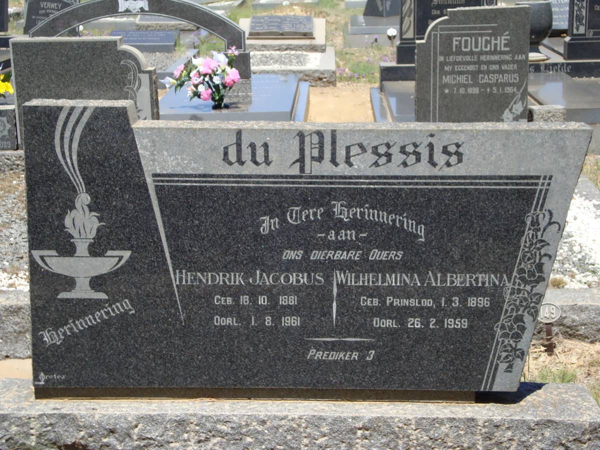 PLESSIS Hendrik Jacobus, du 1881-1961 & Wilhelmina Albertina PRINSLOO 1896-1959