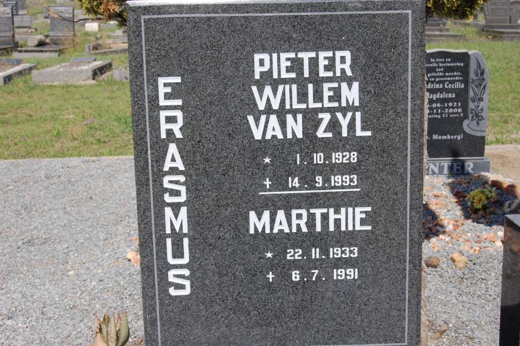 ERASMUS Pieter Willem Van Zyl 1928-1993 & Marthie 1933-1991