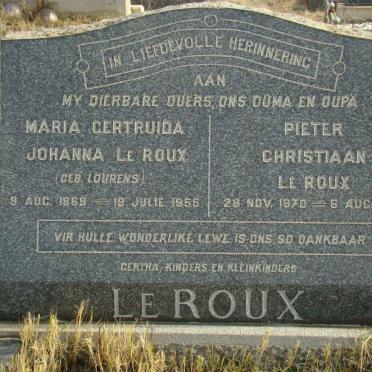 ROUX Pieter Christiaan, le 1870-1955 &amp; Maria Gertruida Johanna LOURENS 1869-1955