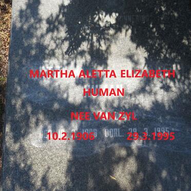 HUMAN Martha Aletta Elizabeth nee VAN ZYL 1906-1995