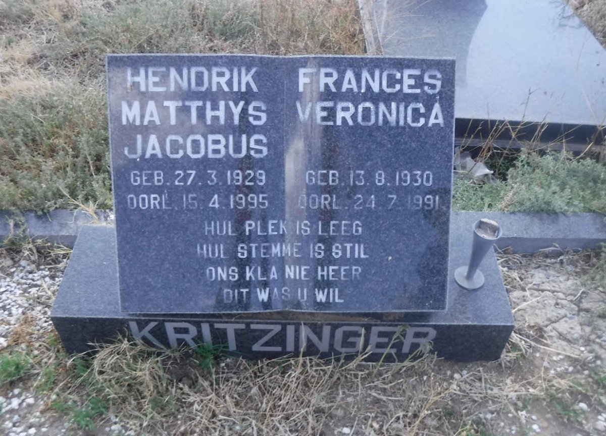 KRITZINGER Hendrik Matthys Jacobus 1929-1995 & Frances Veronica 1930-1991