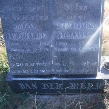 MERWE Lodewicus Johannes, van der 1921-2005 &amp; Olga Jacqueline 1923-1994