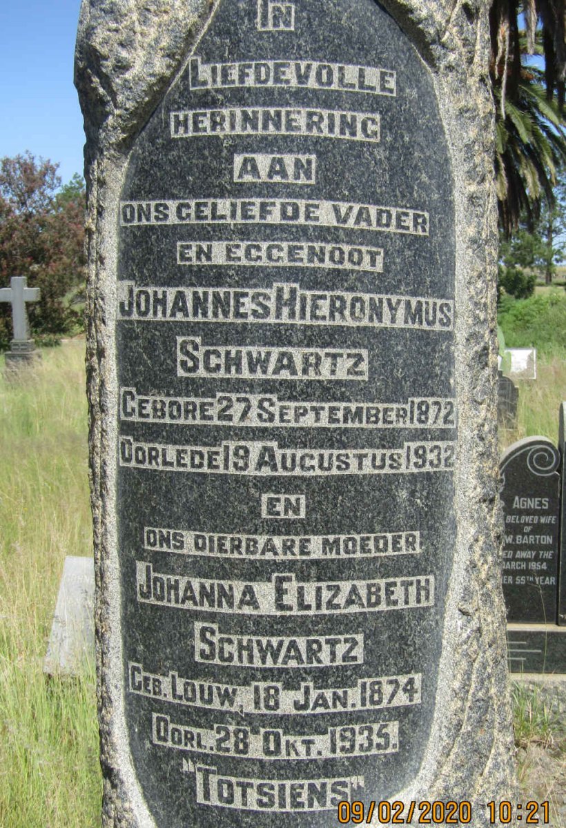 SCHWARTZ Johannes Hieronymus 1872-1932 & Johanna Elizabeth LOUW 1874-1935