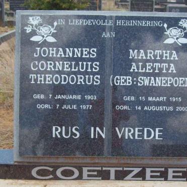 COETZEE Johannes Corneluis Theodorus 1903-1977 &amp; Martha Aletta SWANEPOEL 1915-2000