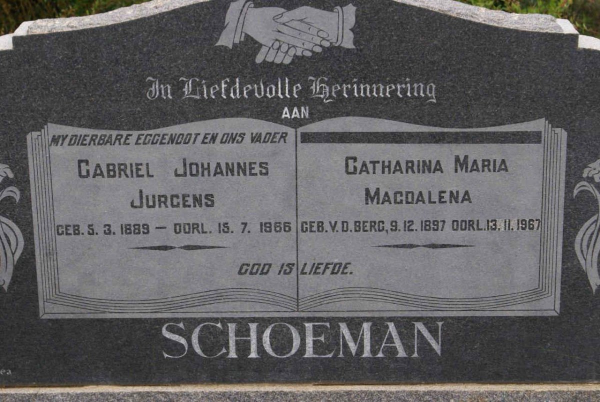 SCHOEMAN Gabriel Johannes 1889-1966 &amp; Catharina Maria Magdalena V.D. BERG 1897-1967