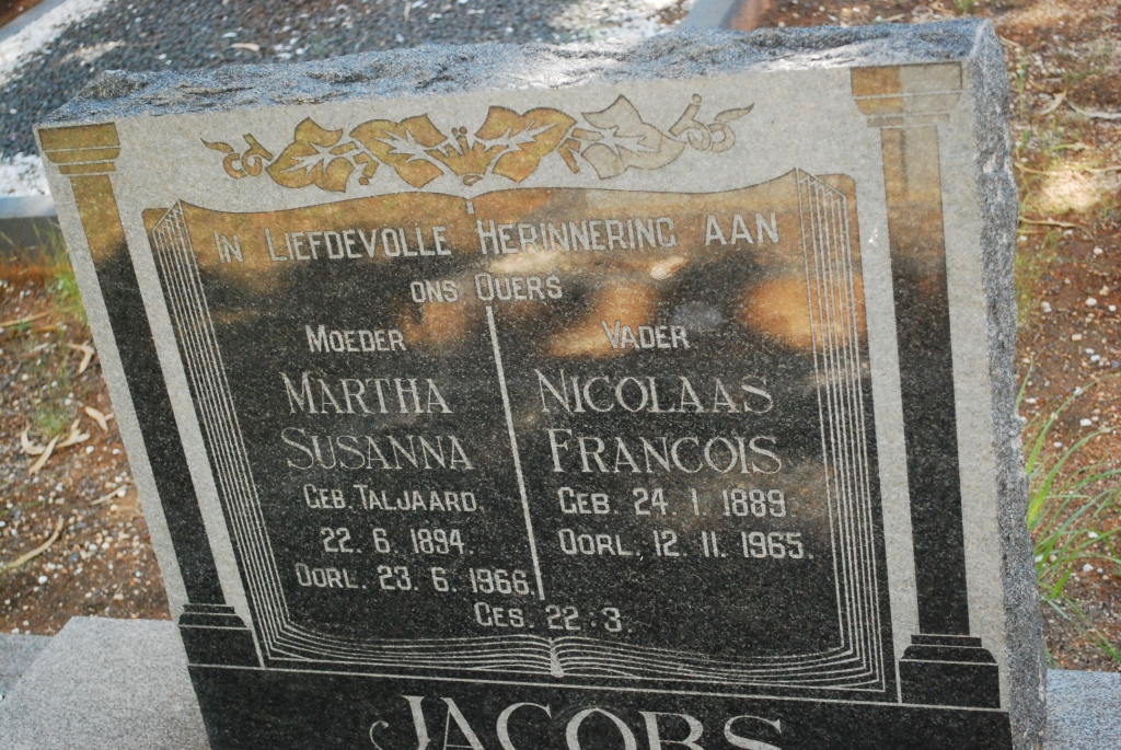 JACOBS Nicolaas Francois 1889-1965 & Martha Susanna TALJAARD 1894-1966
