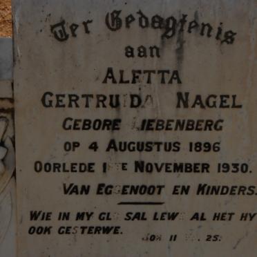 NAGEL Aletta Gertruida nee LIEBENBERG 1896-1930