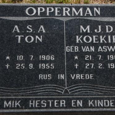OPPERMAN A.S.A. 1906-1955 &amp; M.J.D.  VAN ASWEGEN 1903-1953
