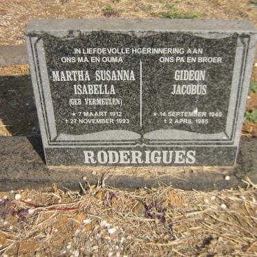 RODERIGUES Gideon Jacobus 1940-1985 &amp; Martha Susanna Isabella VERMEULEN 1912-1993