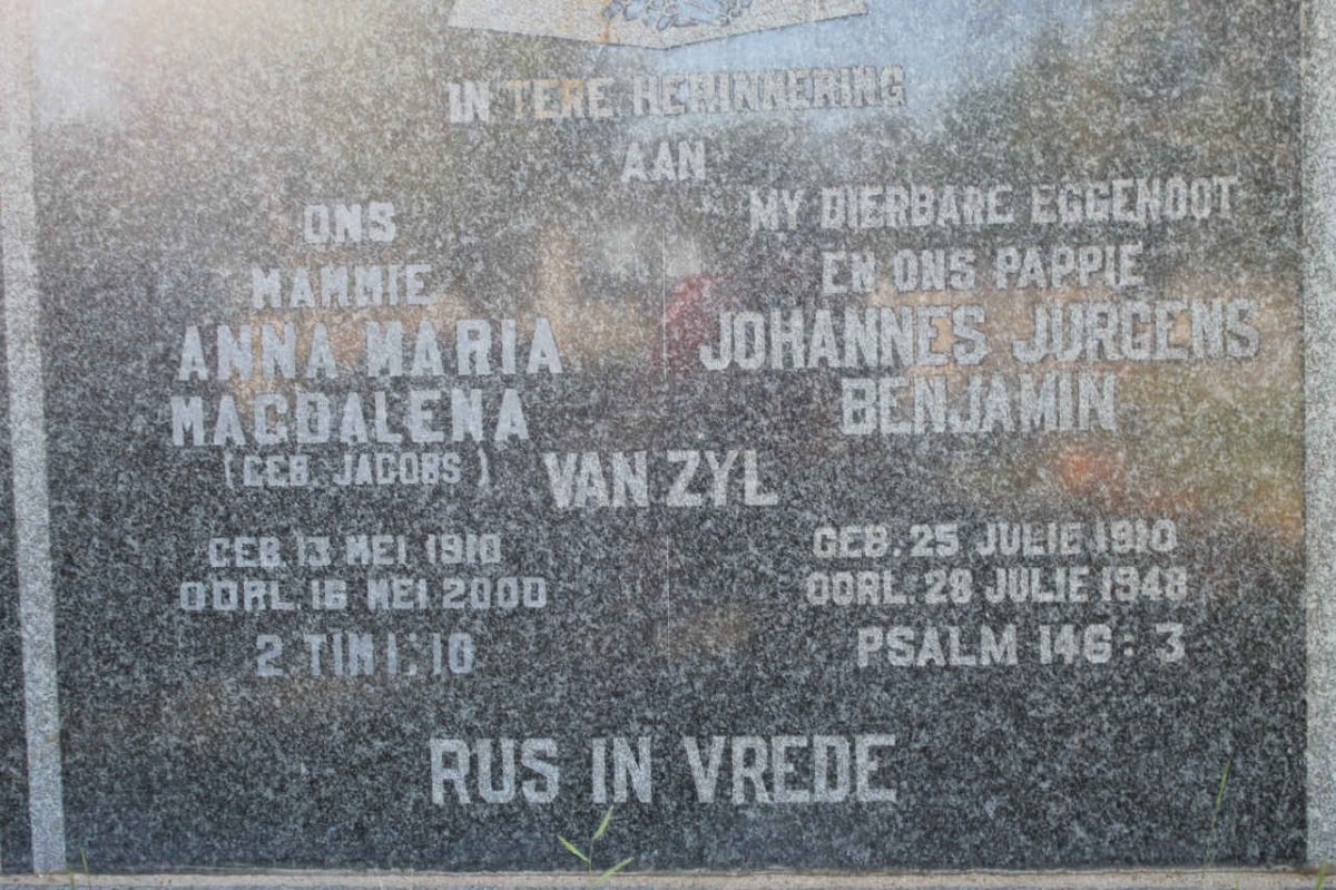 ZYL Johannes Jurgens Benjamin, van 1910-1948 & Anna Maria Magdalena JACOBS 1910-1990